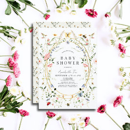 ワイルドフラワーバタフライビー水色ベビーシャワー 招待状