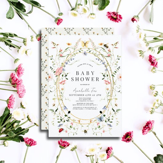 ワイルドフラワーバタフライビー水色ベビーシャワー 招待状