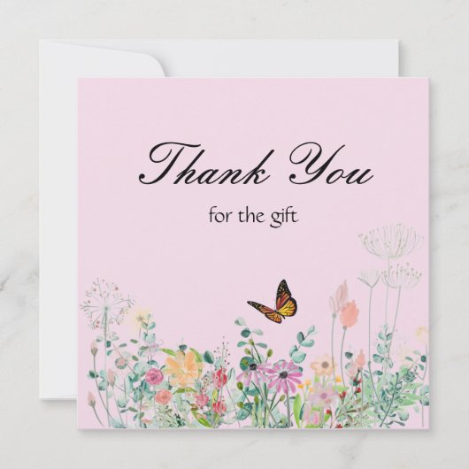 ワイルドフラワーバタフライピンクサンキューカード サンキューカード (正面)