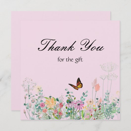 ワイルドフラワーバタフライピンクサンキューカード サンキューカード (正面/裏面)