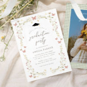 ワイルドフラワーバタフライピンク&セージ写真卒業 招待状