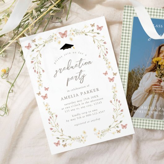 ワイルドフラワーバタフライピンク&セージ写真卒業 招待状