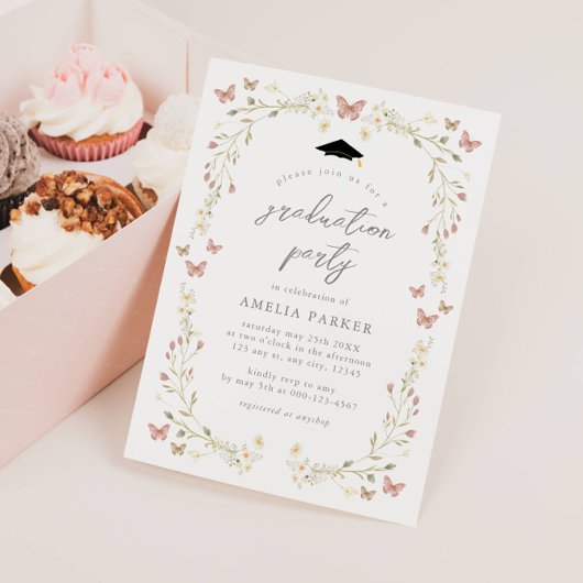 ワイルドフラワーバタフライピンク&セージ写真卒業 招待状