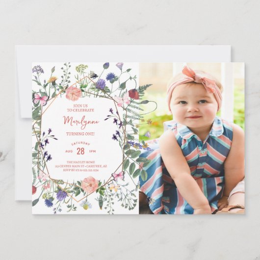 ワイルドフラワーバタフライファースト誕生日写真 招待状 (正面)