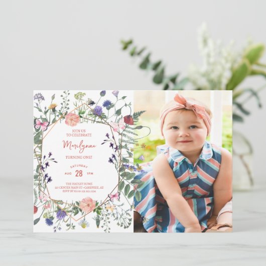 ワイルドフラワーバタフライファースト誕生日写真 招待状 (スタンド正面)