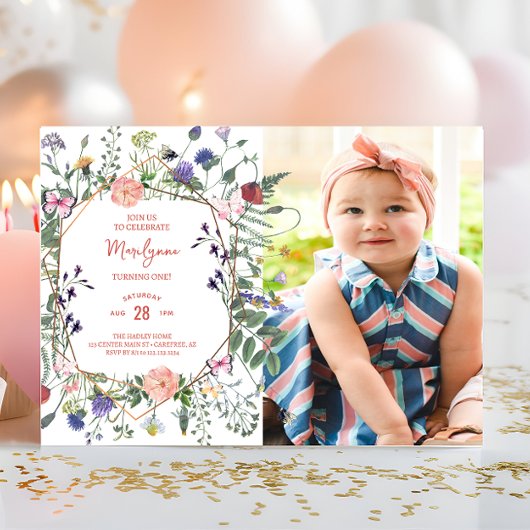 ワイルドフラワーバタフライファースト誕生日写真 招待状