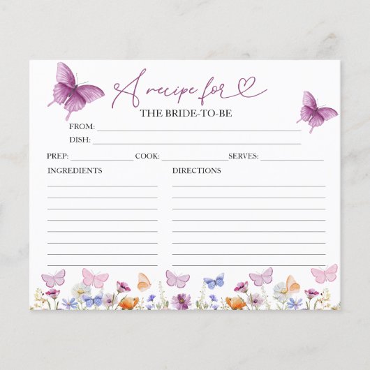 ワイルドフラワーバタフライブライダルシャワーレシピカード (正面)