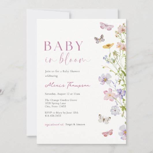 ワイルドフラワーバタフライベビーイン開花シャワー 招待状 (正面)