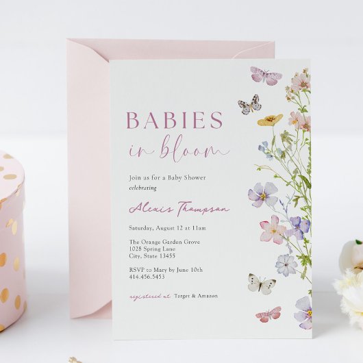 ワイルドフラワーバタフライベビーイン開花ツインシャワー 招待状
