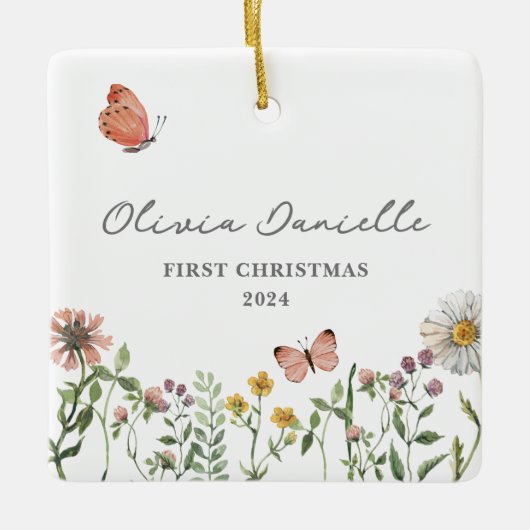 ワイルドフラワーバタフライベビーガール1stクリスマス セラミックオーナメント (正面)