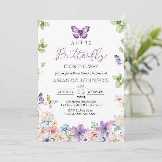 ワイルドフラワーバタフライベビーシャワー招待状 招待状 (スタンド正面)