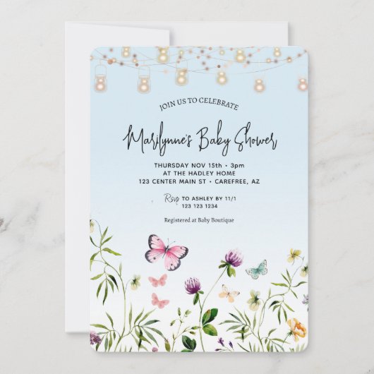 ワイルドフラワーバタフライボーイ赤ちゃんシャワー 招待状 (正面)