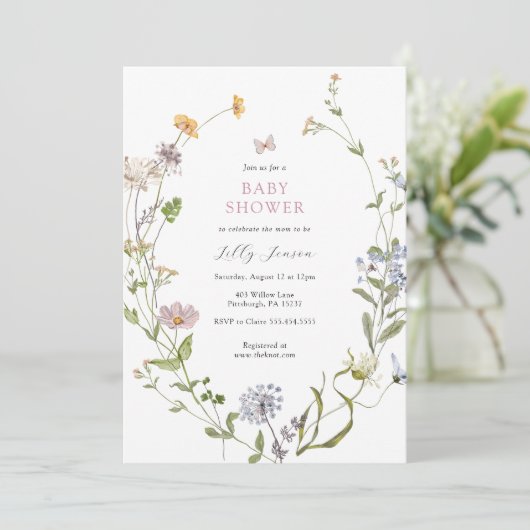 ワイルドフラワーバタフライメドウ赤ちゃんシャワー 招待状 (スタンド正面)