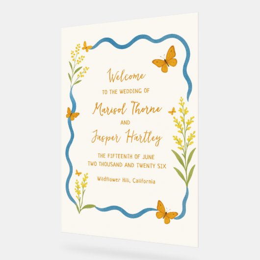 ワイルドフラワーバタフライ結婚ウェーブサイン アクリルサイン (傾斜)