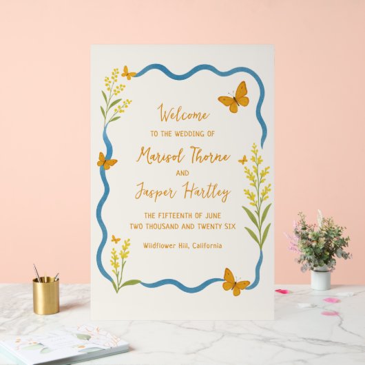 ワイルドフラワーバタフライ結婚ウェーブサイン アクリルサイン (ウェディング)