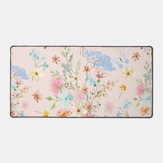 ワイルドフラワーバタフライ赤面ピンクフローラ水彩 デスクマット (正面)