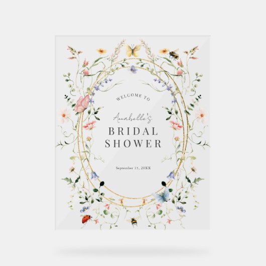 ワイルドフラワーバタフライ ビー ブライダルシャワー ウェルカム アクリルサイン (正面)