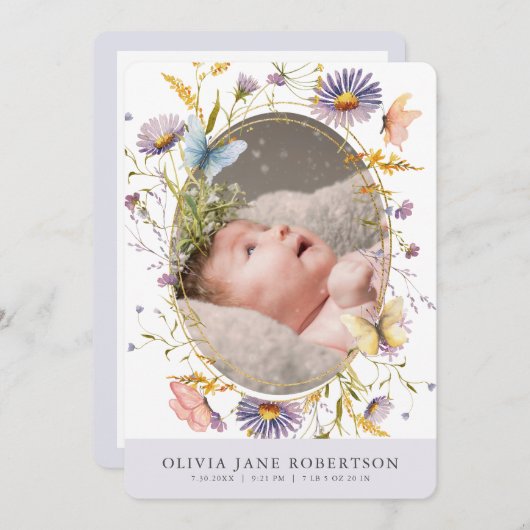 ワイルドフラワーバタフライPPL写真誕生のお知らせ 招待状 (正面/裏面)
