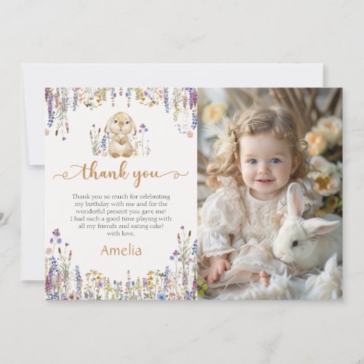 ワイルドフラワーバニーガール誕生日写真 サンキューカード (正面)