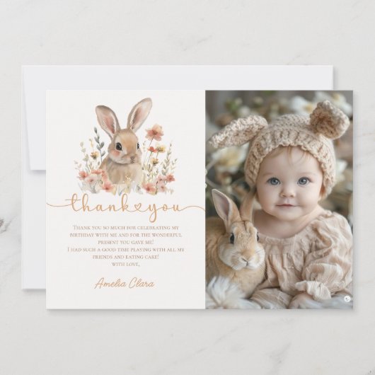ワイルドフラワーバニーガール誕生日写真 サンキューカード (正面)