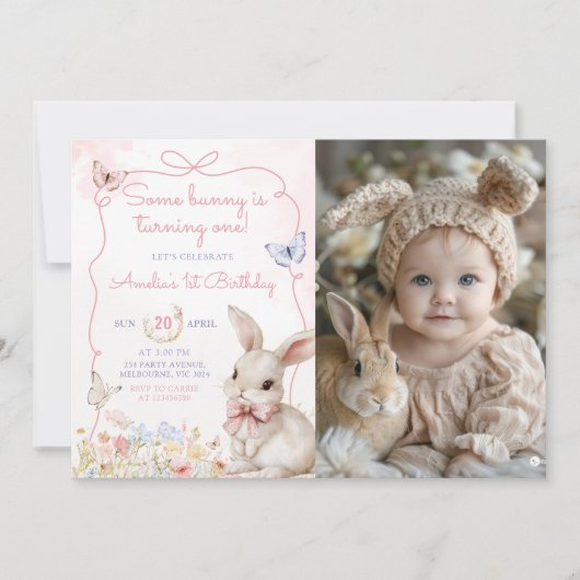 ワイルドフラワーバニーピンクガール誕生日写真 招待状 (正面)