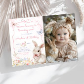 ワイルドフラワーバニーピンクガール誕生日写真 招待状