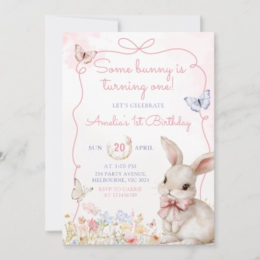 ワイルドフラワーバニーピンクガール誕生日招待状 招待状 (正面)
