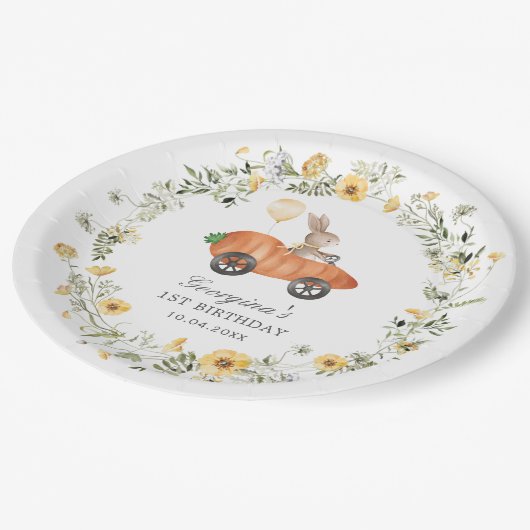 ワイルドフラワーバニーラビットキャロットカーバースデーパーティー ペーパープレート (アングル)