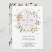 ワイルドフラワーバプテスマとファースト誕生日招待状 招待状 (正面/裏面)