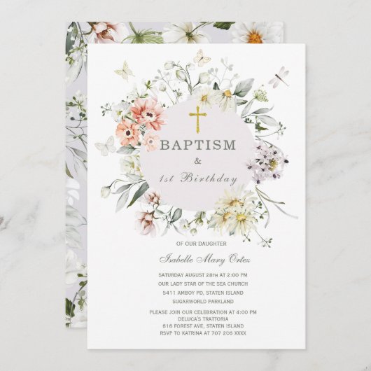 ワイルドフラワーバプテスマとファースト誕生日招待状 招待状 (正面/裏面)