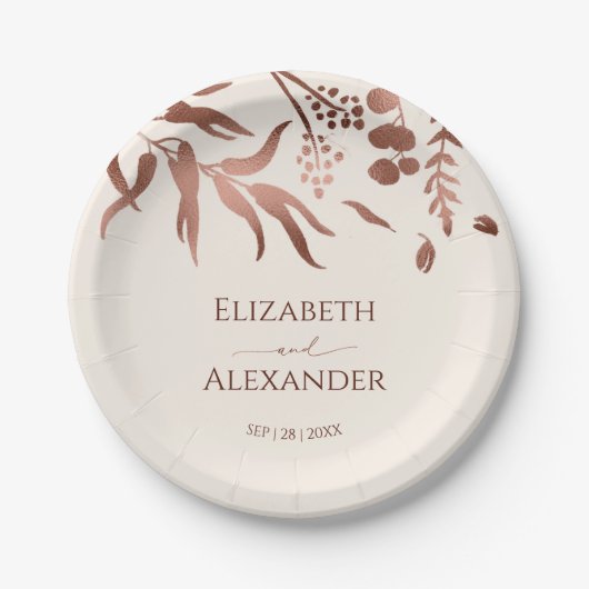 ワイルドフラワーバラゴールド結婚フォイル ペーパープレート (正面)