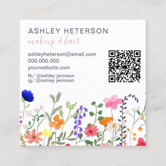 ワイルドフラワーパステルqrコードロゴヘアメイクアップ スクエア名刺 (裏面)