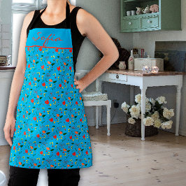 ワイルドフラワーパターンターコイズオールオーバープリントエプロン エプロン