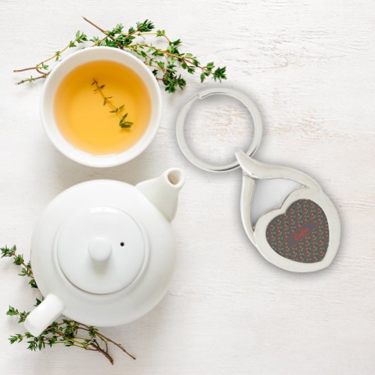 ワイルドフラワーパターン名グレーメタルキーチェーン キーホルダー