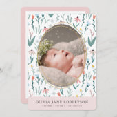 ワイルドフラワーパターン女の子写真誕生のお知らせ 招待状 (正面/裏面)