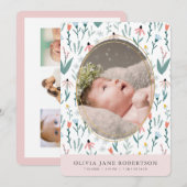 ワイルドフラワーパターン 女の子 フォト 出生発表 招待状 (正面/裏面)