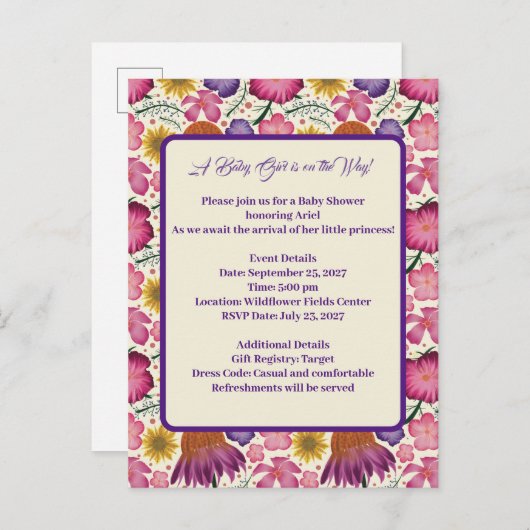 ワイルドフラワーパーソナライズされたガーデン赤ちゃんシャワー インビテーションポストカード (正面/裏面)