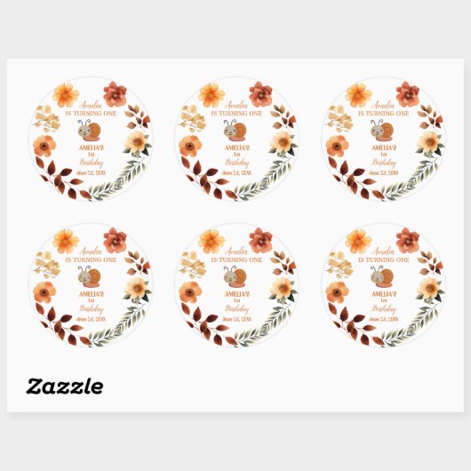 ワイルドフラワーパーソナライズされたガール1歳の誕生日 ラウンドシール (シート)