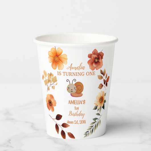 ワイルドフラワーパーソナライズされたガール1歳の誕生日 紙コップ (裏面)