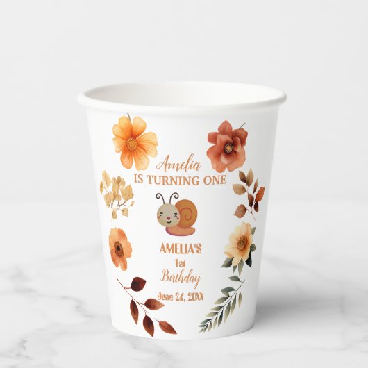 ワイルドフラワーパーソナライズされたガール1歳の誕生日 紙コップ (正面)
