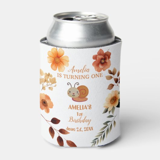 ワイルドフラワーパーソナライズされたガール1歳の誕生日 缶クーラー (缶正面)