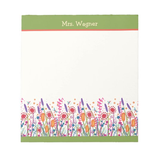 ワイルドフラワーパーソナライズされたズお洒落グリーン先生 ノートパッド (正面)