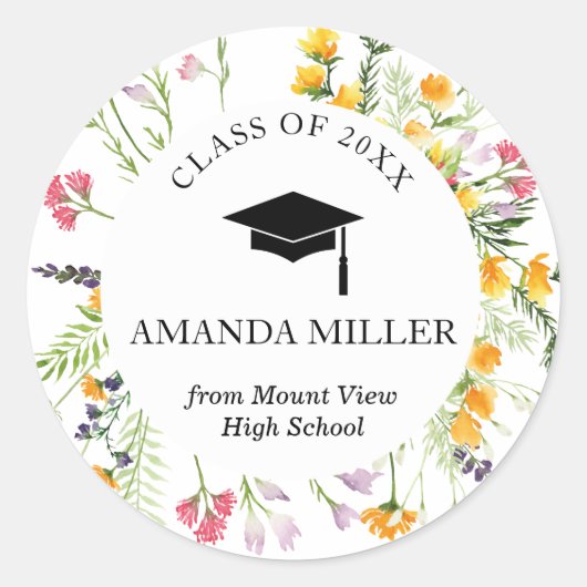 ワイルドフラワーパーソナライズされた卒業 ラウンドシール (正面)