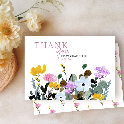 ワイルドフラワーパーソナライズされた芝白サンキューカード サンキューカード