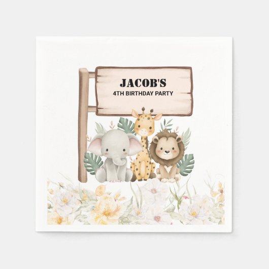 ワイルドフラワーパーティーアニマル誕生日パーティー スタンダードカクテルナプキン (正面)