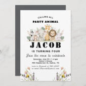 ワイルドフラワーパーティー動物子供の誕生日 招待状 (正面/裏面)