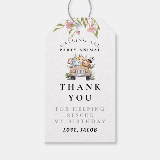 ワイルドフラワーパーティー動物誕生日ありがとう ギフトタグ (正面)