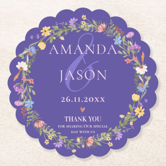 ワイルドフラワーパープルイエローフローラ結婚リース ペーパーコースター (正面)