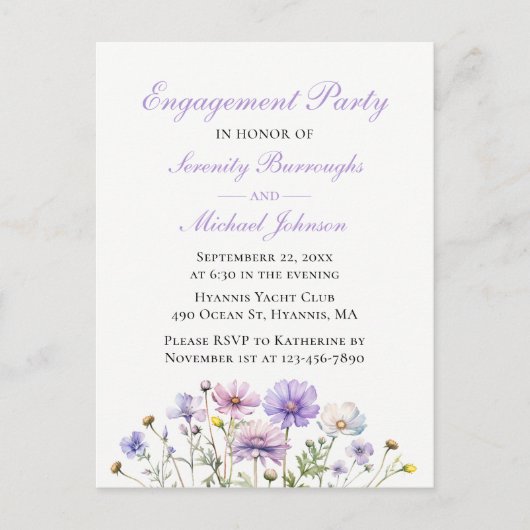 ワイルドフラワーパープルウォーターカラーフローラ婚約 インビテーションポストカード (正面)