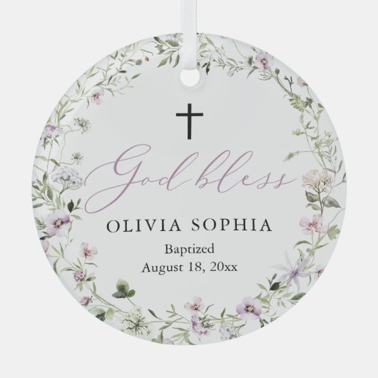 ワイルドフラワーパープルガールクロスバプテスマオーナメント ガラスオーナメント (正面)